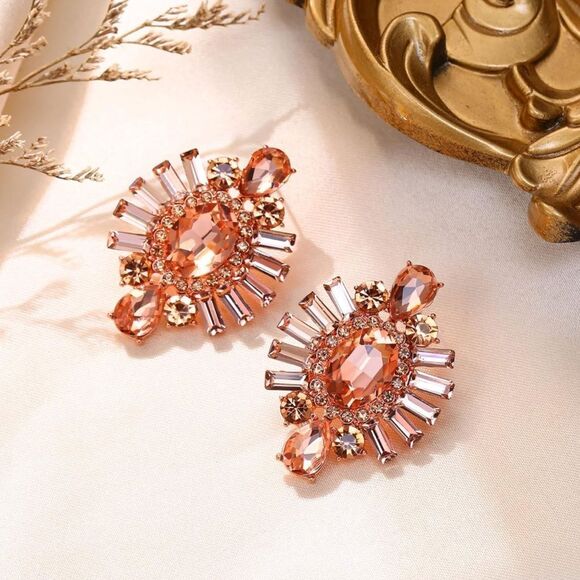Rose Gold with Peach Morganite and Topaz CZ Floral Art Deco Post Back Earrings - Picture 2 of 4